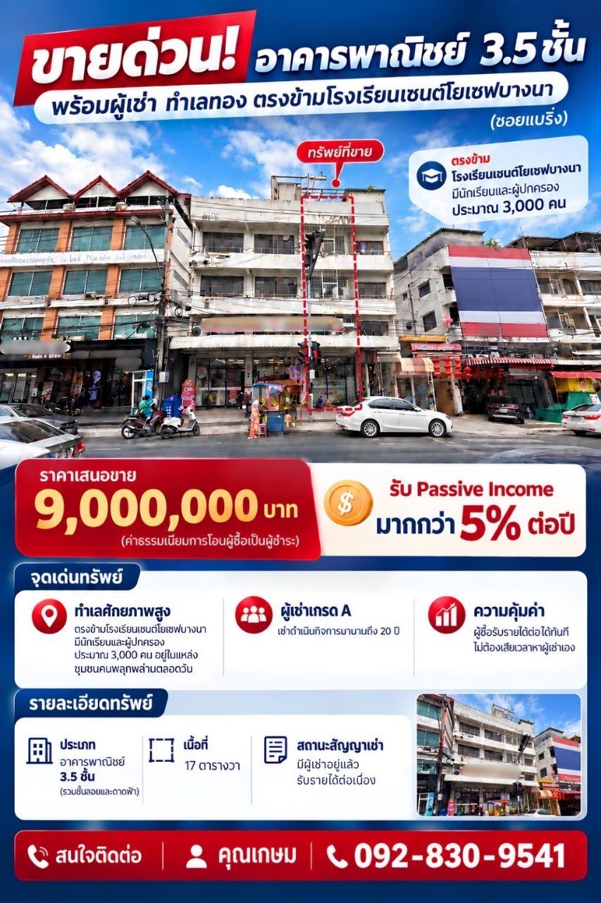 ขายด่วน! อาคารพาณิชย์ 3.5 ชั้น พร้อมผู้เช่า ทำเลทองแบริ่ง ตรงข้าม รร.เซนต์โยเซฟ โทร 092-830-9541 รูปที่ 1